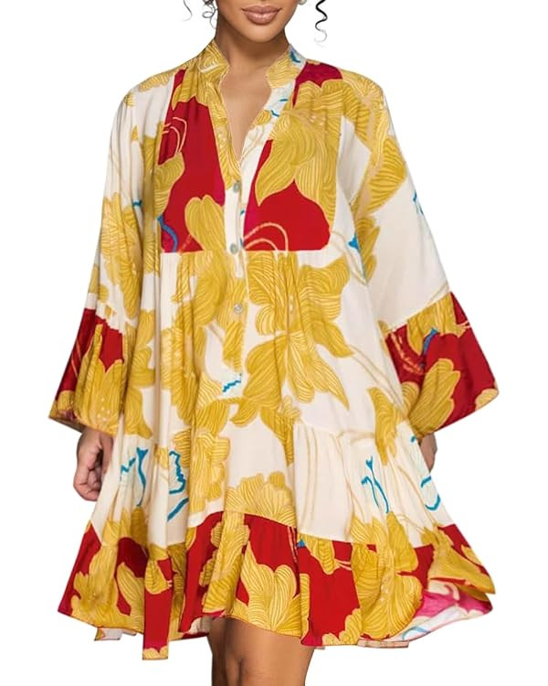 knowfashionstyle Womens Dresses 2025 Summer Boho Floral Button Tunic V Neck Dress Casual Long Sle... | Amazon (US)