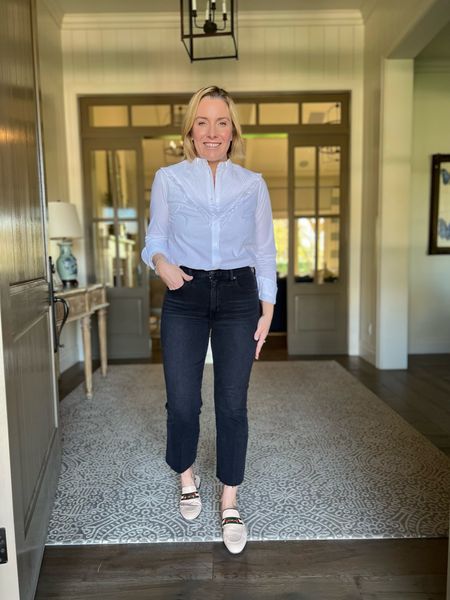 Outfit of the day: black kick fit jeans, white ruffle button down and loafer slides. These jeans are amazing! Just the right amount of stretch. All tts. Allison wearing a 29.

Outfitoftheday
Black jeans
White button down
Jeans over 40
Loafers

#LTKstyletip #LTKSeasonal