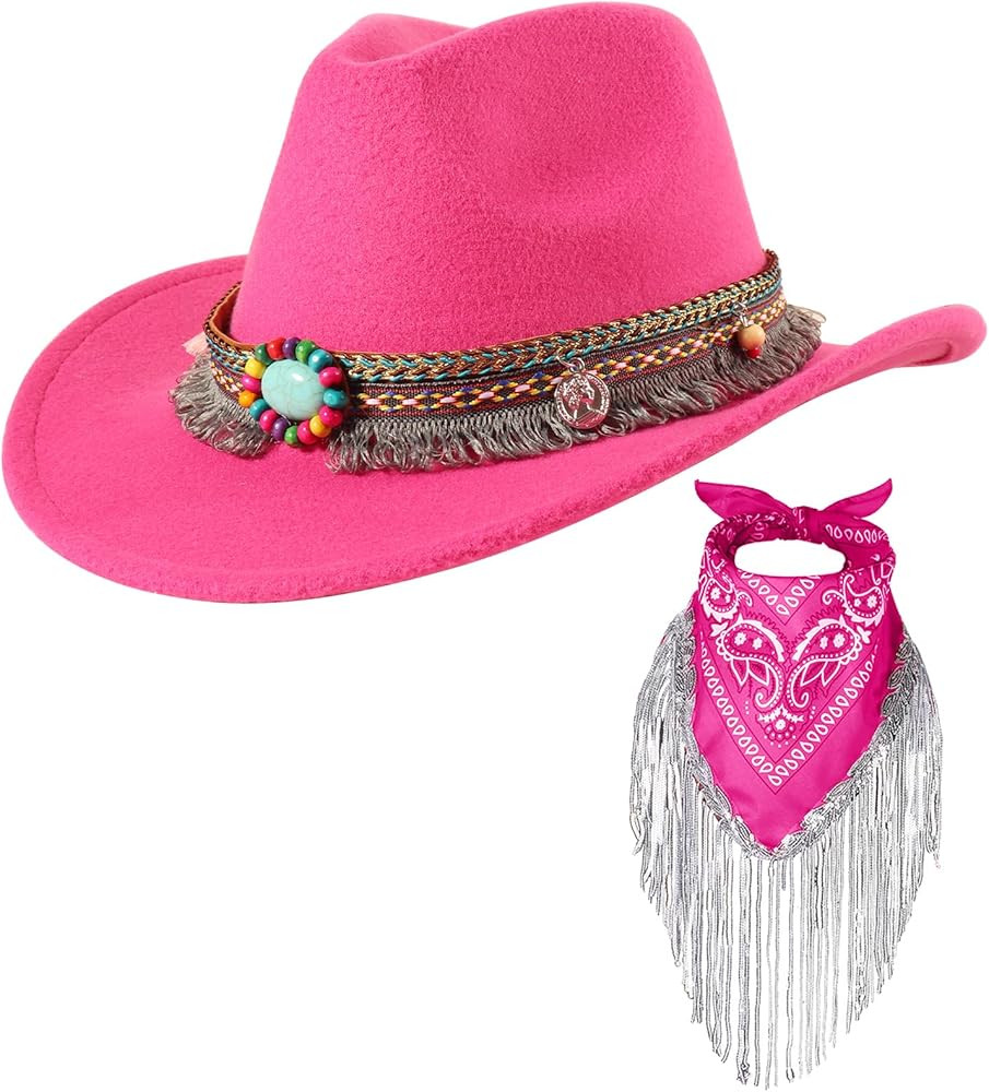 Cowboy Hat with Fringed Bandana Set for Women Wide Brim Western Cowgirl Hat Paisley Head Wrap Sca... | Amazon (US)