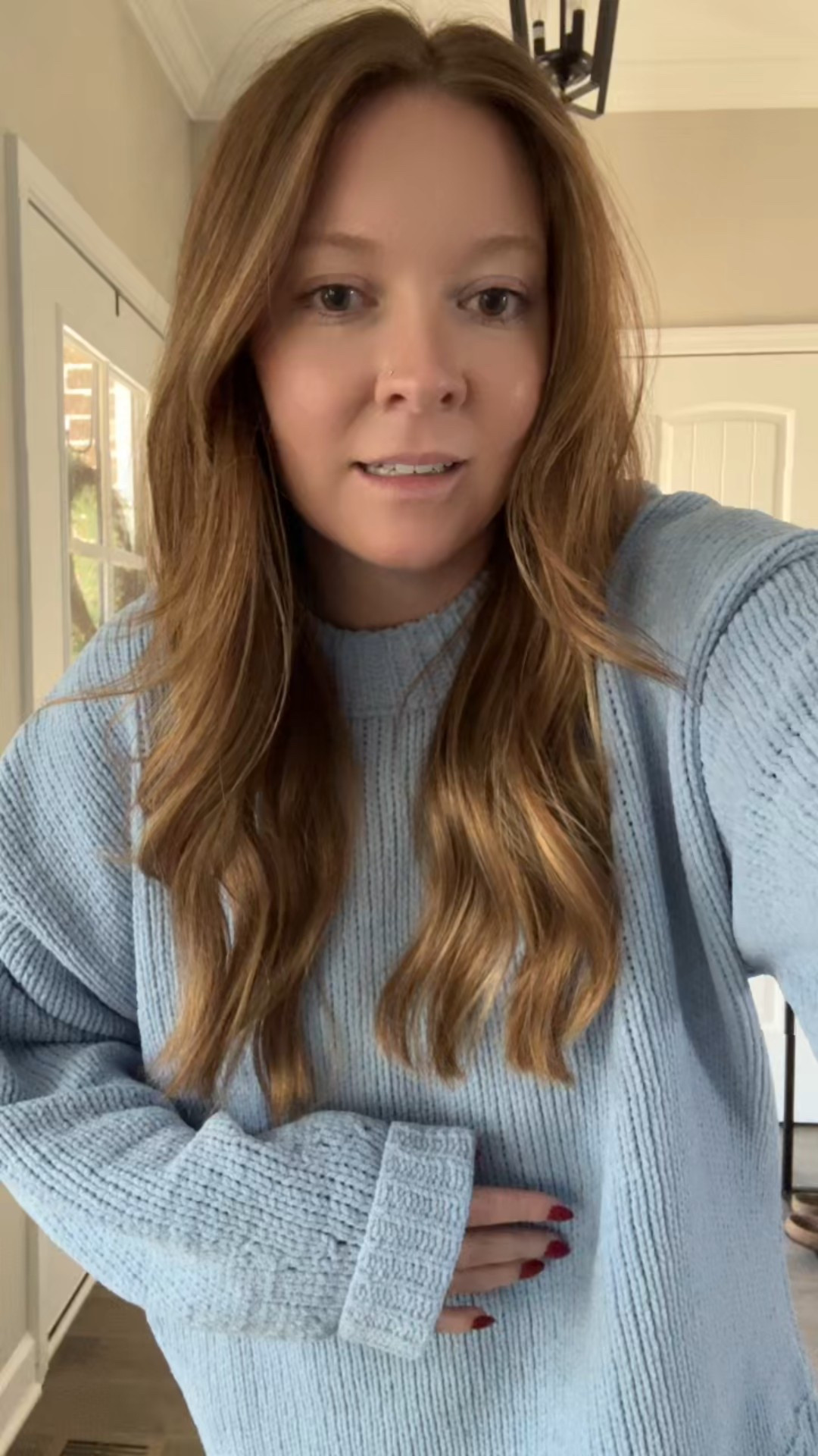 Blue sweater / oversized / tts wearing a medium 
Blue leggings 
White boyfriend tee 
Ugg slippers 
Silk scrunchie 

#LTKActive #LTKootd #LTKSaleAlert