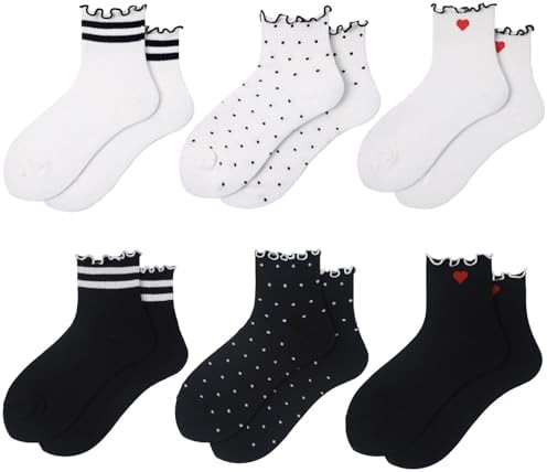 MarJunSep Ruffle Frilly Ankle Socks for Women Teen Girls Cute Crew Socks Striped Dots Heart Ribbe... | Amazon (US)