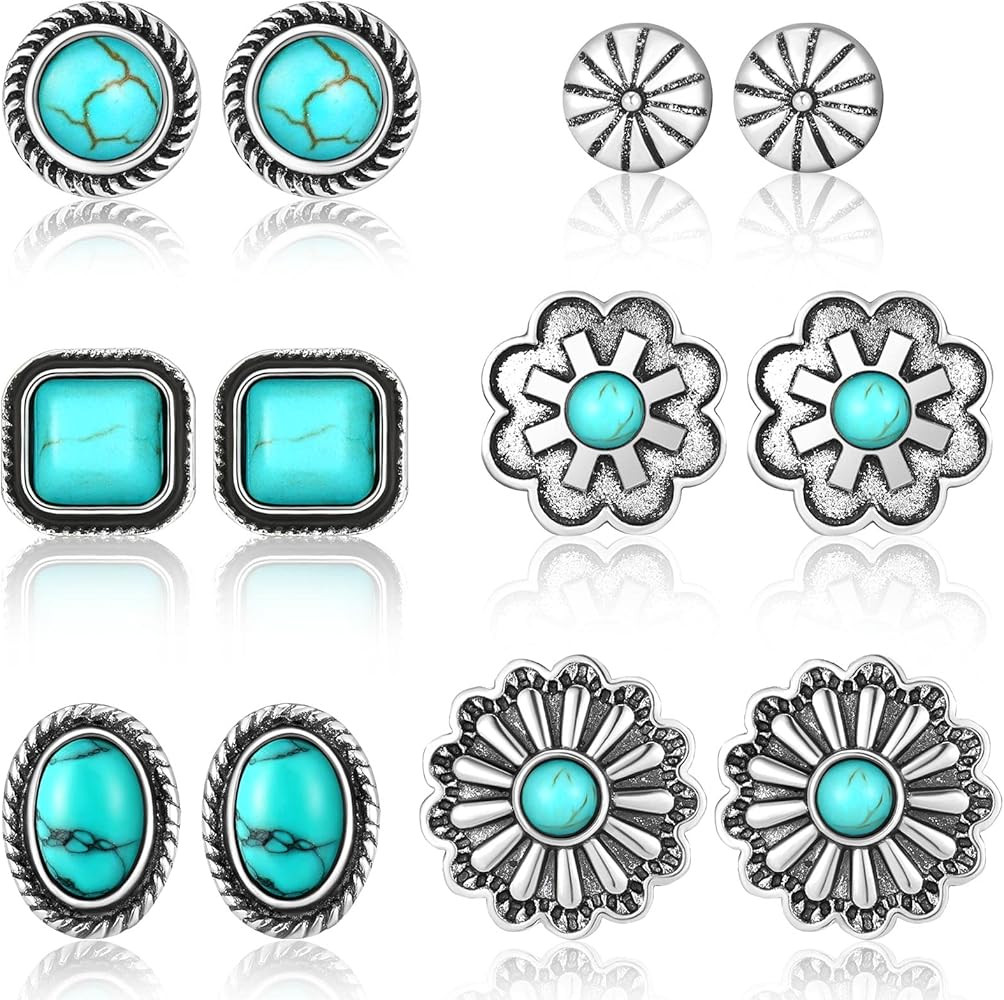 6 Pairs Turquoise Stud Earrings Small Geometric Oval Round Flower Earrings Gemstone Cut Shape Squ... | Amazon (US)