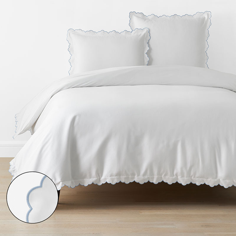 Embroidered Scallop Classic Smooth Sateen Solid Duvet Cover - Light Blue, Twin/Twin XL - Blue/White | The Company Store | The Company Store