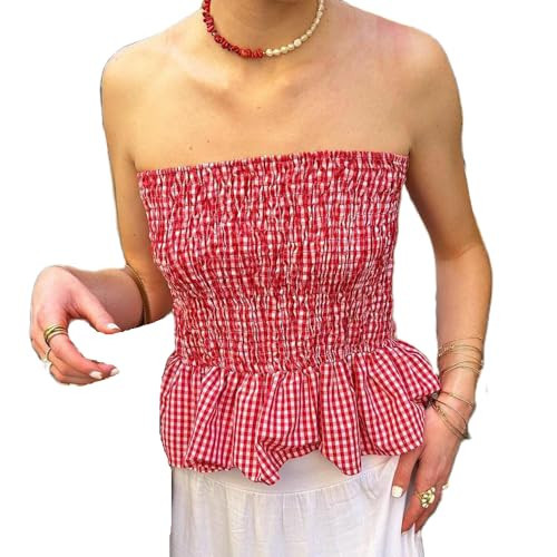 Women Y2k Gingham Tube Top Strapless Backless Plaid Peplum Vest Coquette Bandeau Crop Tank Top Summer Going Out Top (D Red, S) | Amazon (US)
