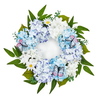 20" Spring Summer Wreaths for Front Door, Artificial Blue White Hydrangeas Floral Wreath with Butterfly Daisy for Easter Wedding Farmhouse Porch Wall | Wayfair North America