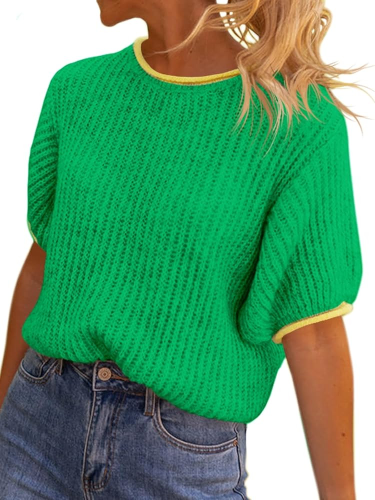 Saodimallsu Womens Puff Short Sleeve Sweater Tops Spring Summer Color Block Ribbed Knit Crew Neck... | Amazon (US)