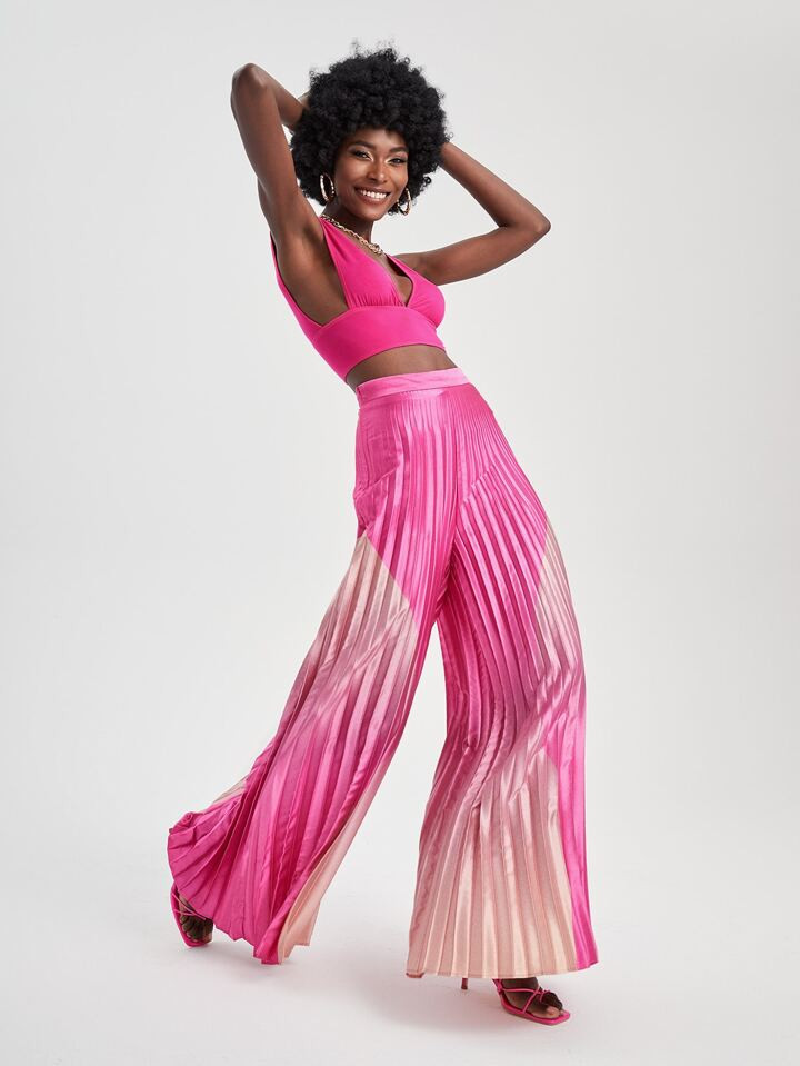 SHEIN X Ishaarah Ruched Tank Top & Pleated Wide Leg Pants Set | SHEIN