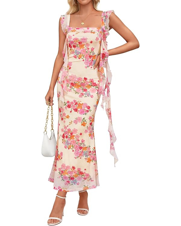 ZESICA Women's Summer Floral Maxi Dress 2026 Boho Sleeveless Square Neck Bodycon Mesh Wedding Gue... | Amazon (US)