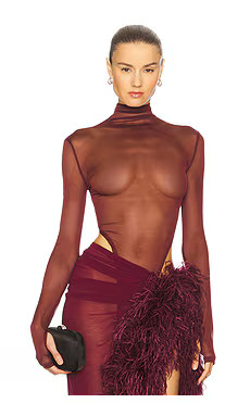 Bronx and Banco Gaia Mesh Long Sleeve Bodysuit in Burgundy from Revolve.com | Revolve Clothing (Global)