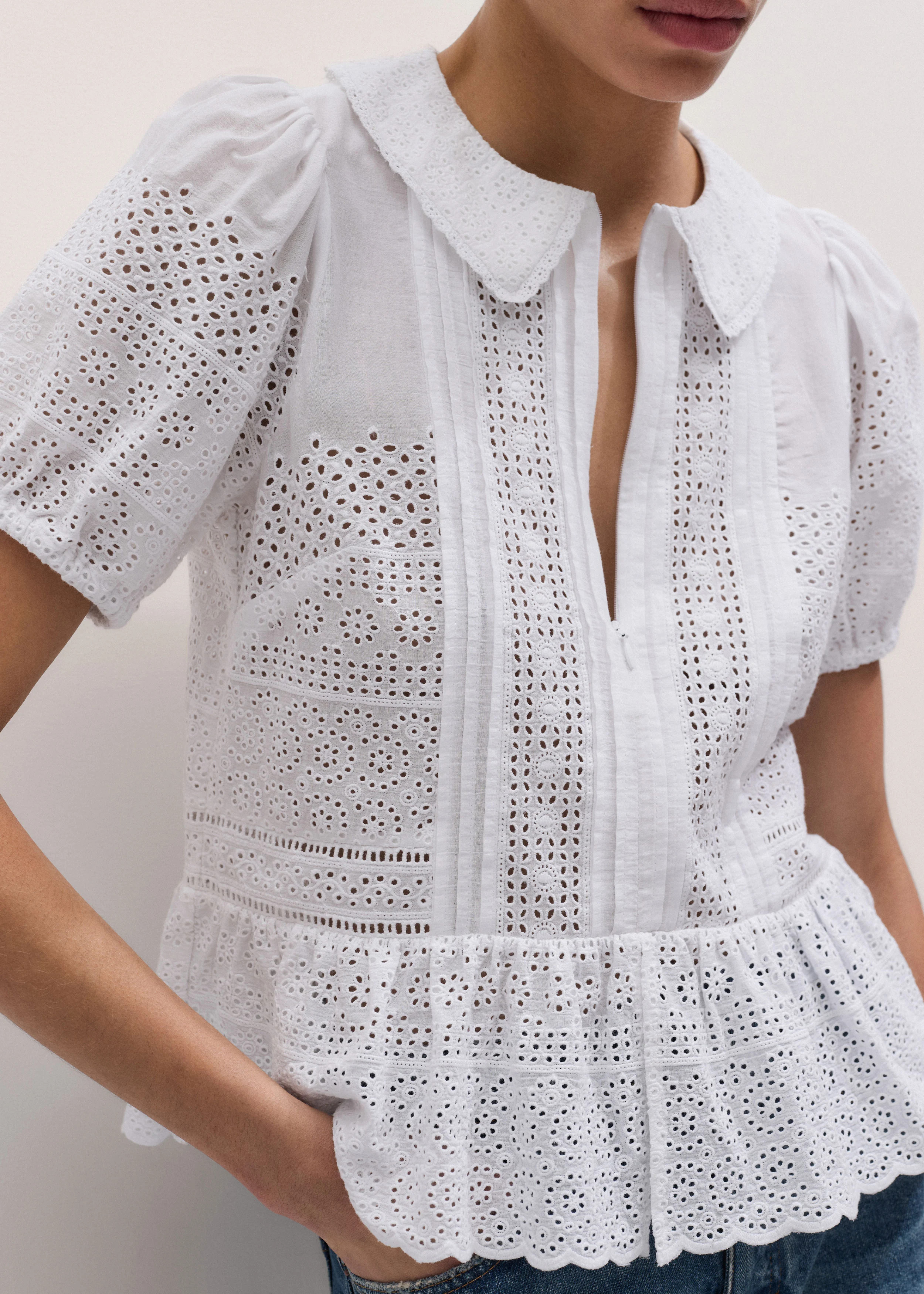Women's Soft White Cotton Broderie Peplum Top | ME+EM | ME+EM Global (Excluding US)
