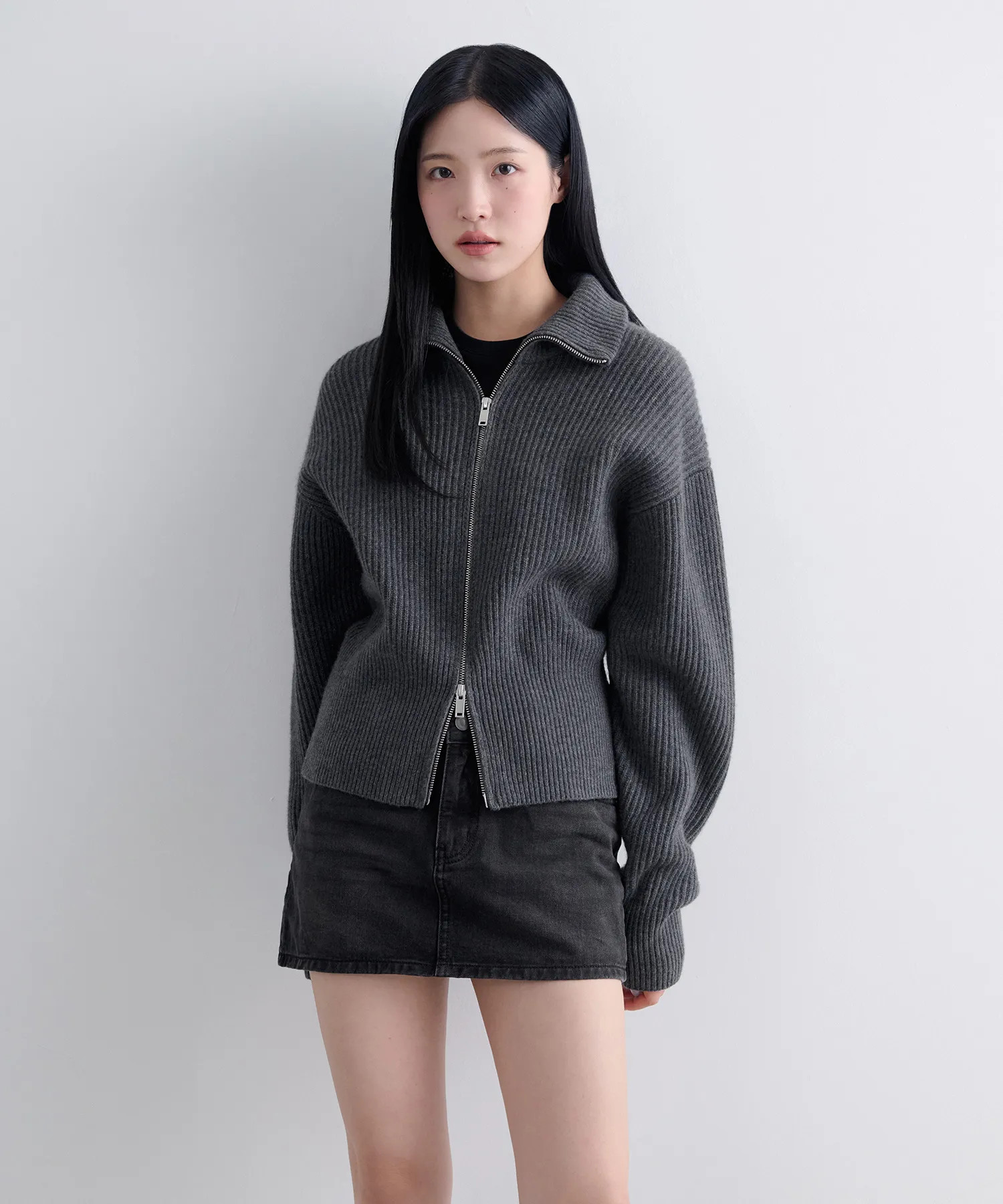 MUSINSA | MUSINSA STANDARD WOMAN WOMENS LAMBSWOOL RIBBED ZIP-UP KNIT TOP [MEDIUM GRAY] | Musinsa Global