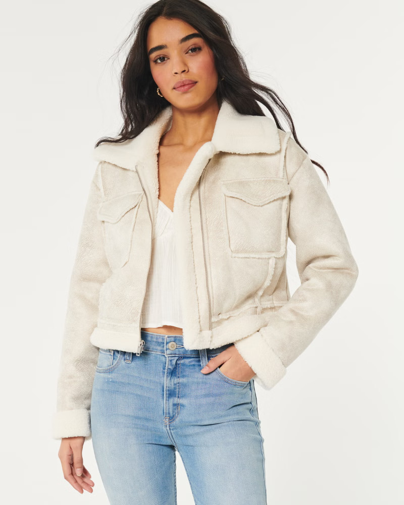 Crop Faux Shearling Biker Jacket | Hollister (US)