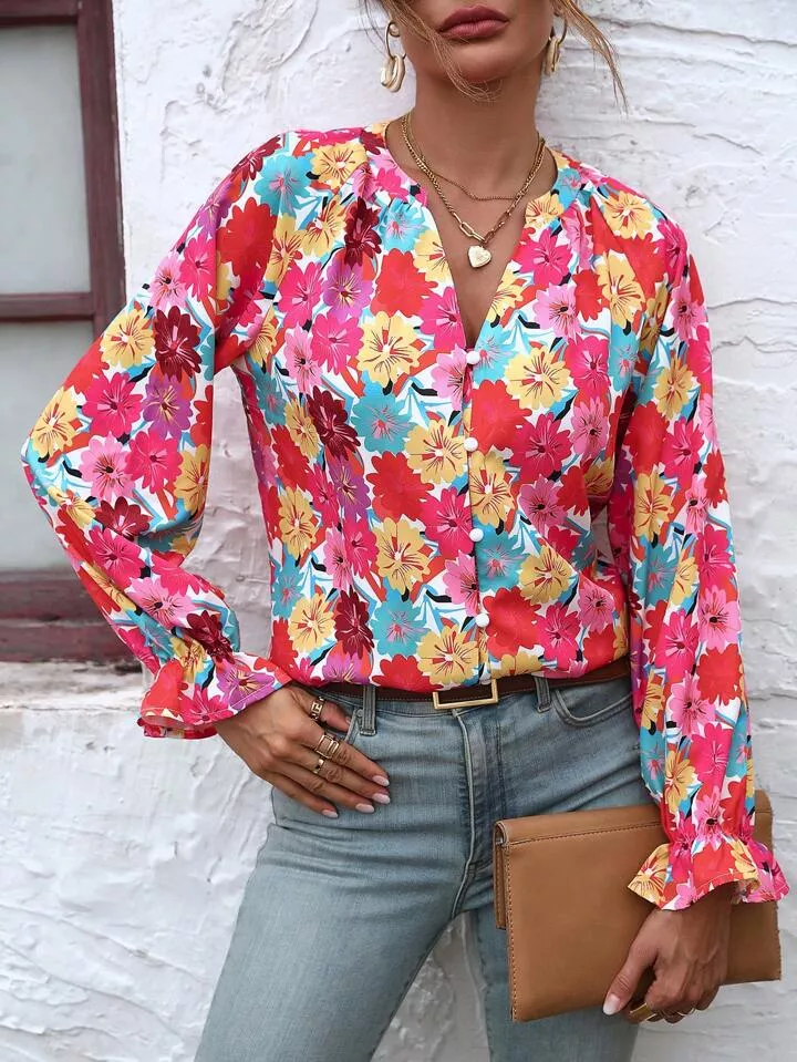 SHEIN LUNE Blusa impressão floral dits acabamento de babados