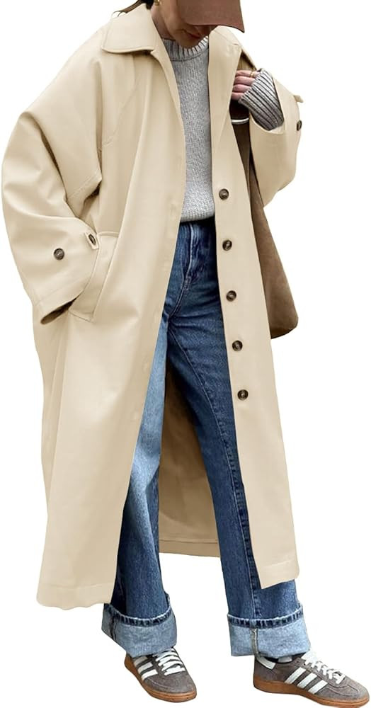 Tankaneo Womens Long Trench Coat Single Breasted Oversized Windproof Classic Lapel Fall Overcoat | Amazon (US)