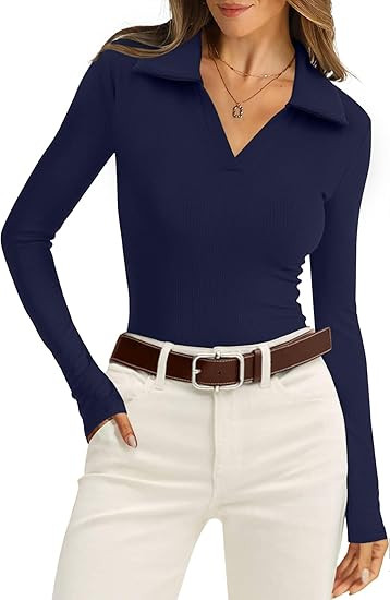 WIHOLL Womens Polo Shirts Long Sleeve Business Casual Tops Collared V Neck Ribbed Knit Sweater Sl... | Amazon (US)