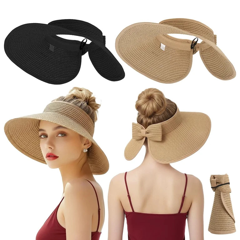 Bocaoying 2-Pack Women's Foldable Wide Brim Sun Hat, UPF Sun Protection Straw Hat, Ponytail Openi... | Walmart (US)
