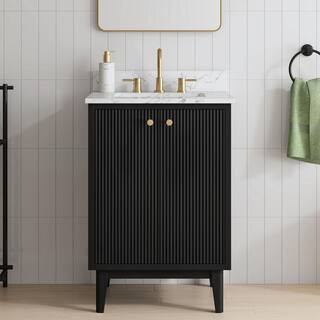 Sylvie 24 in. Single Sink Fluted Black Bathroom Vanity with Carrara Venato Engineered Stone Top (Assembled) | The Home Depot