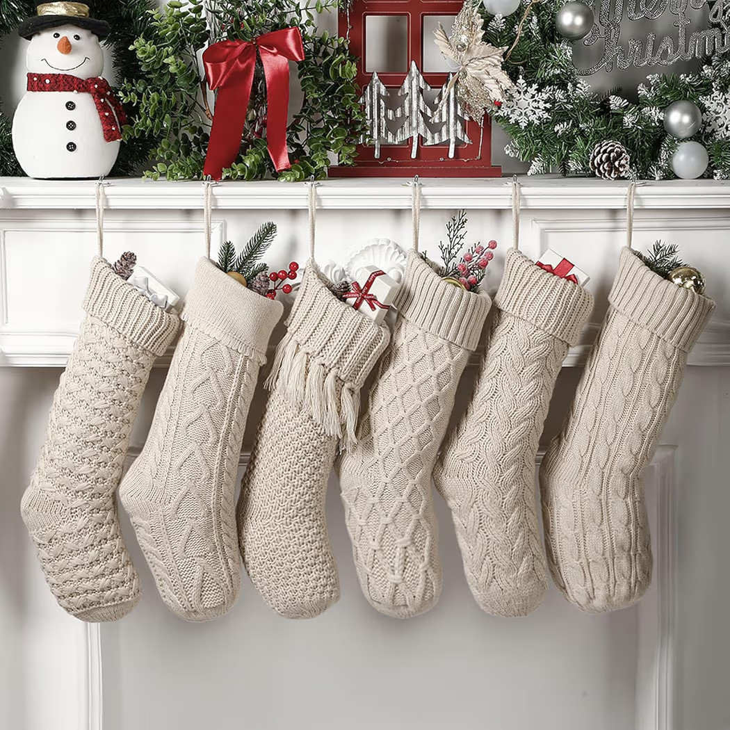 6 Pcs Christmas Stockings 18" Cable Knit Neutral Stockings Rustic Farmhouse Fireplace Xmas Decor ... | Amazon (US)