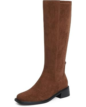 Knee High Boots Women Faux Leather Elastic Boots Low Heel Square Toe Side Zipper Fall Long Tall B... | Amazon (US)