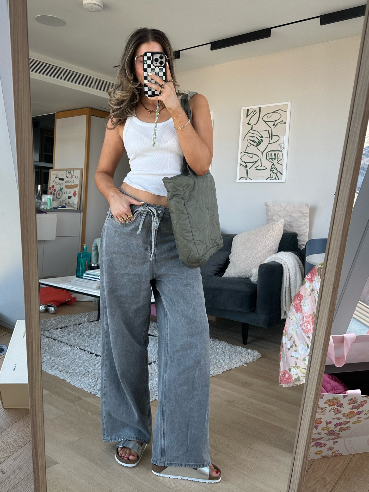 errands outfit summer grey baggy tie up dad jeans wide leg denim washed grey denim, white tank vest top ribbed white top, green khaki padded quilted bag adanola silver metallic Birkenstock  sandal gold jewellery summer shoe sandal, weekday asos mango 

#LTKstyletip #LTKeurope #LTKsummer
