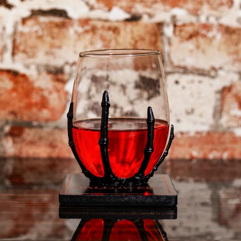 Way to Celebrate Clear Stemless Wine Glass, 10 fl oz. with Black Skeleton Hand | Walmart (US)