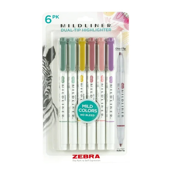 Zebra Pen Mildliner Dual-Tip Highlighters, Assorted, Bold Chisel and Fine Bullet Tips, 6 Count | Walmart (US)
