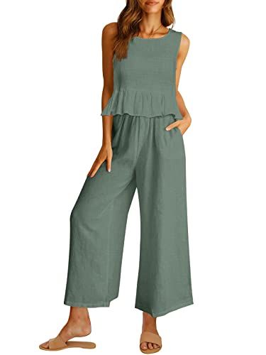 AUTOMET Womens Summer 2 Piece Outfits Linen Crop Tank Tops Lounge Matching Sets & Long Track Pant... | Amazon (US)