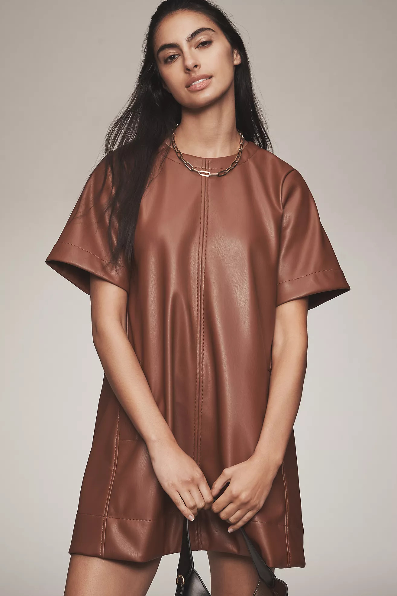 The Emmy Faux-Leather Short-Sleeve Mini Dress by Maeve | Anthropologie (US)