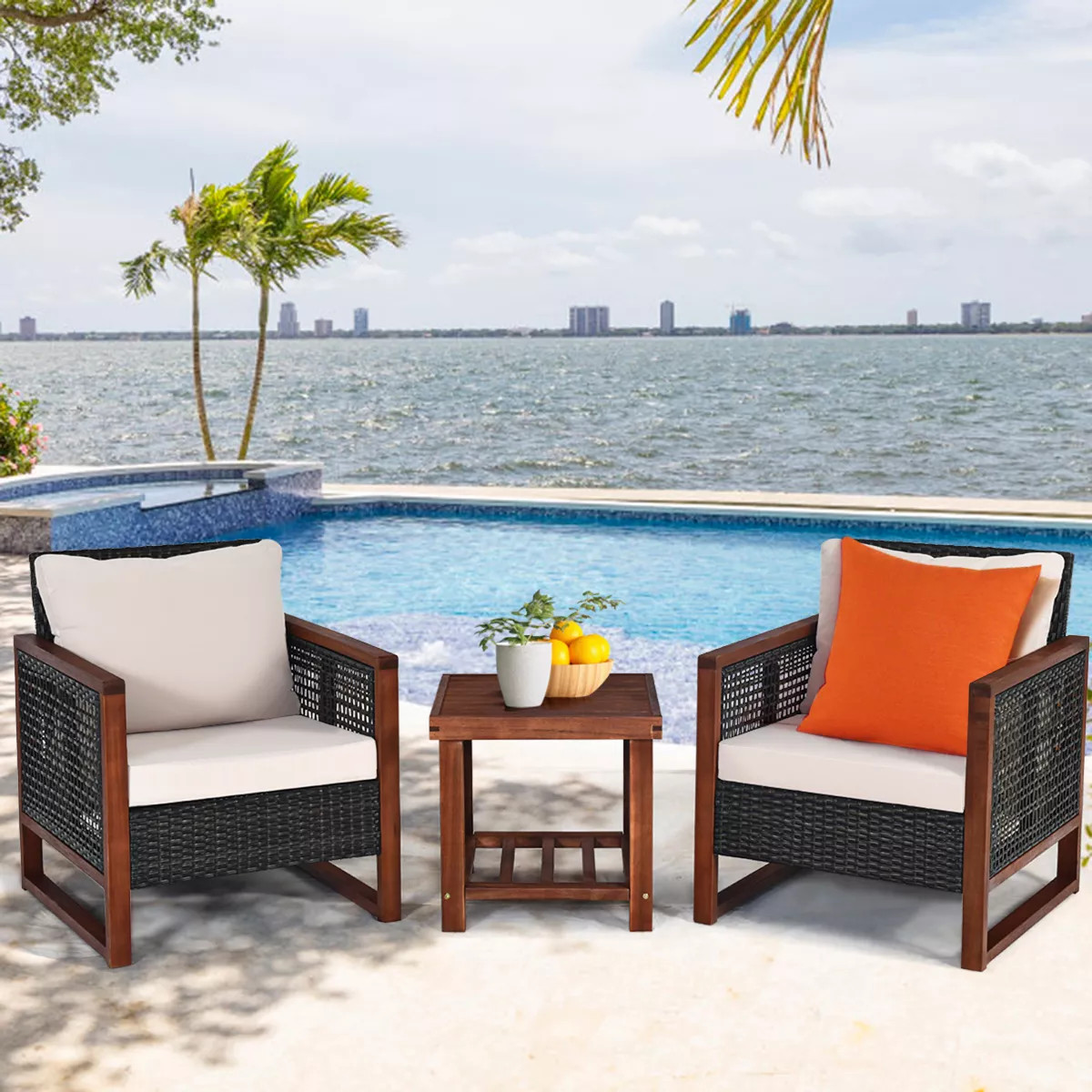 Tangkula 3-Piece Patio Rattan Wicker Bistro Set Acacia Wood Frame Sofa and Side Table | Target