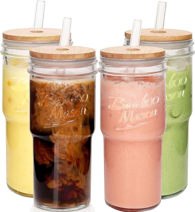 ANOTION Glass Cups with Lids and Straws 4 Packs, 24oz Travel Coffee Mug Wide Mouth Mason Jar Iced... | Amazon (US)