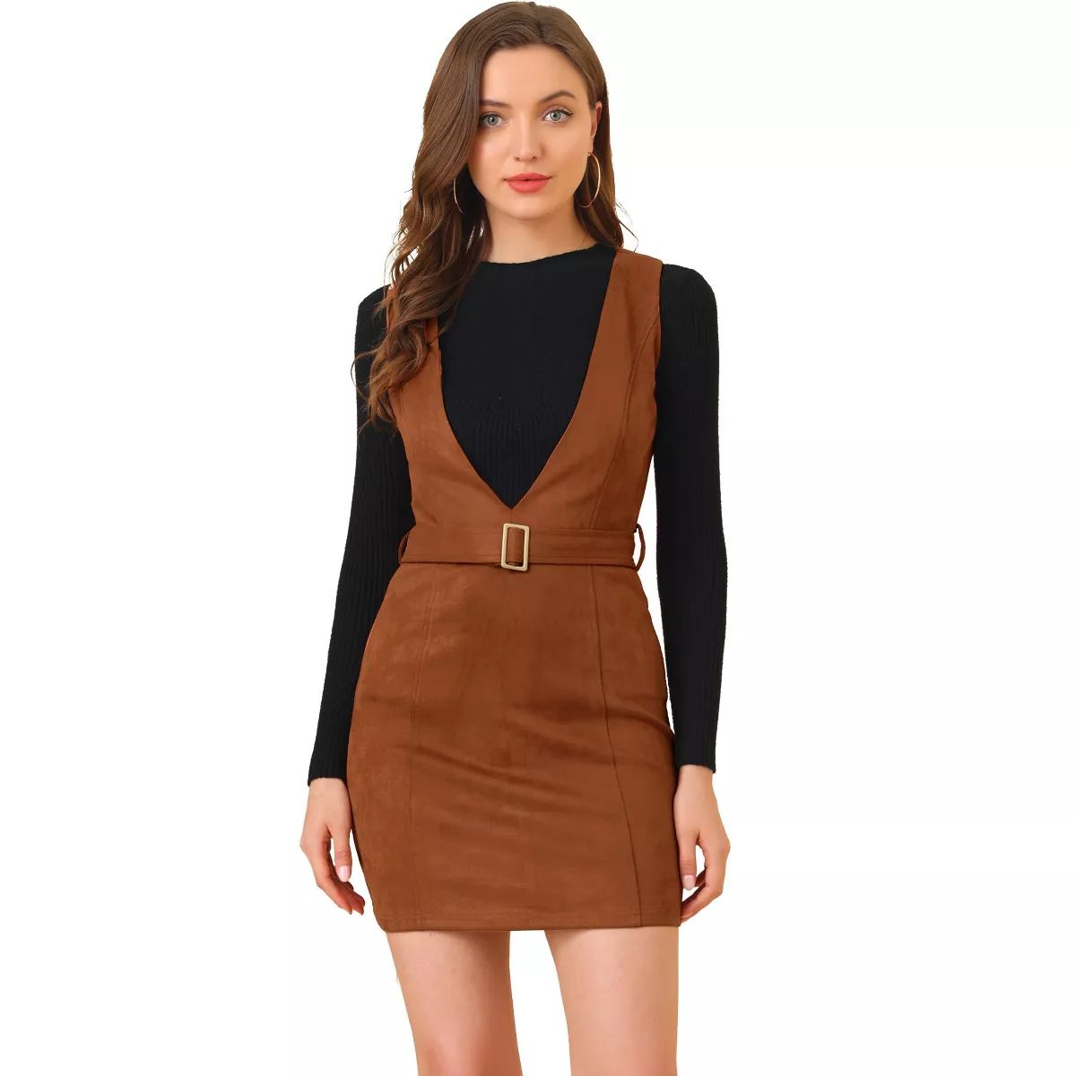 Allegra K Women's Retro Belted V Neck Faux Suede Pinafore Dress | Target