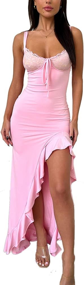 Juakoso Women Y2k Spaghetti Strap Maxi Dress Low Cut Ruffle Cami Long Dress Open Back Bodycon Dre... | Amazon (US)