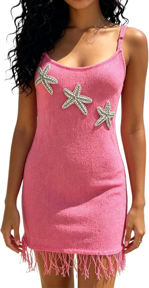 OCUH Mini Dress Spaghetti Strap Starfish Dress Tassels Sundress Sequin Sleeveless Knitted Vacatio... | Amazon (US)