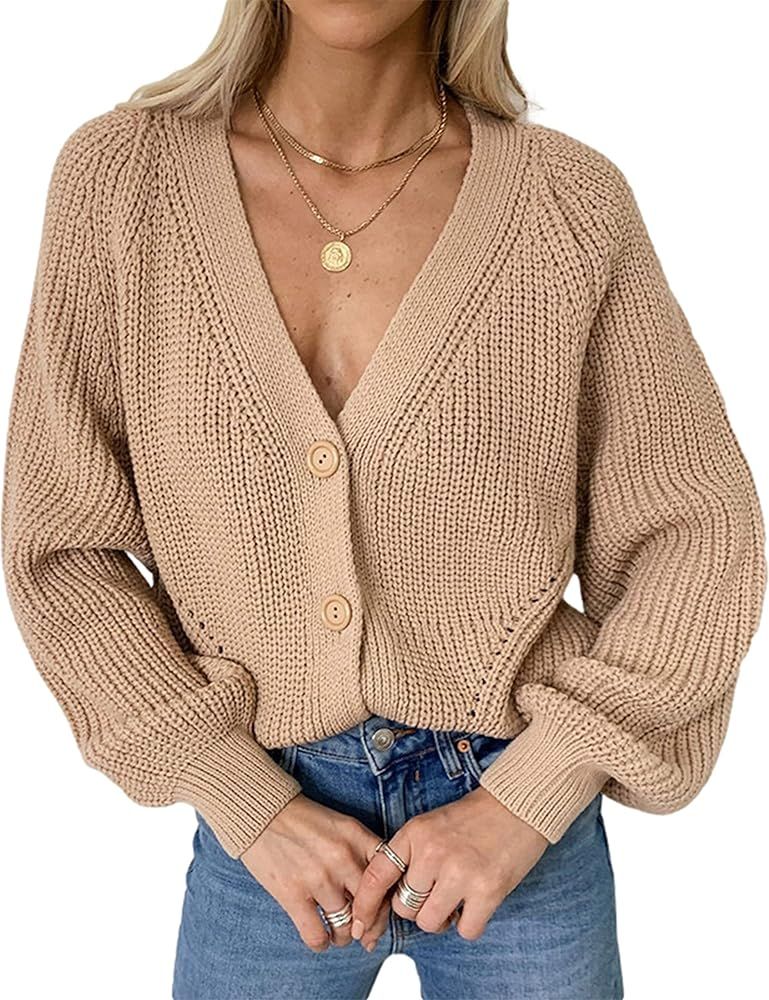 Himosyber Women's Loose Puff Sleeve Waffle Cable Knitted Button Down Cardigan Sweater | Amazon (US)