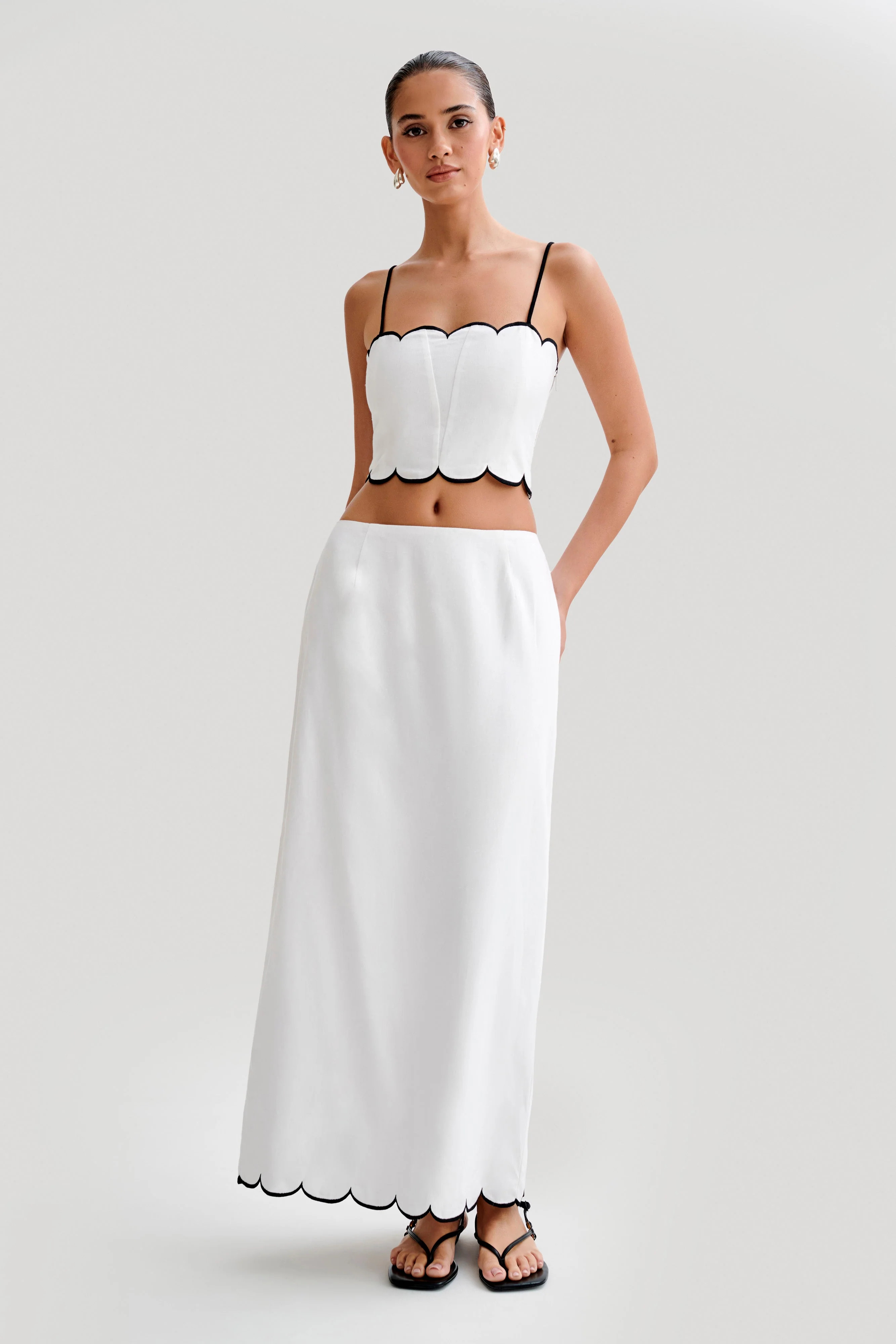 Alessio Scalloped Midi Skirt - Ivory | MESHKI US