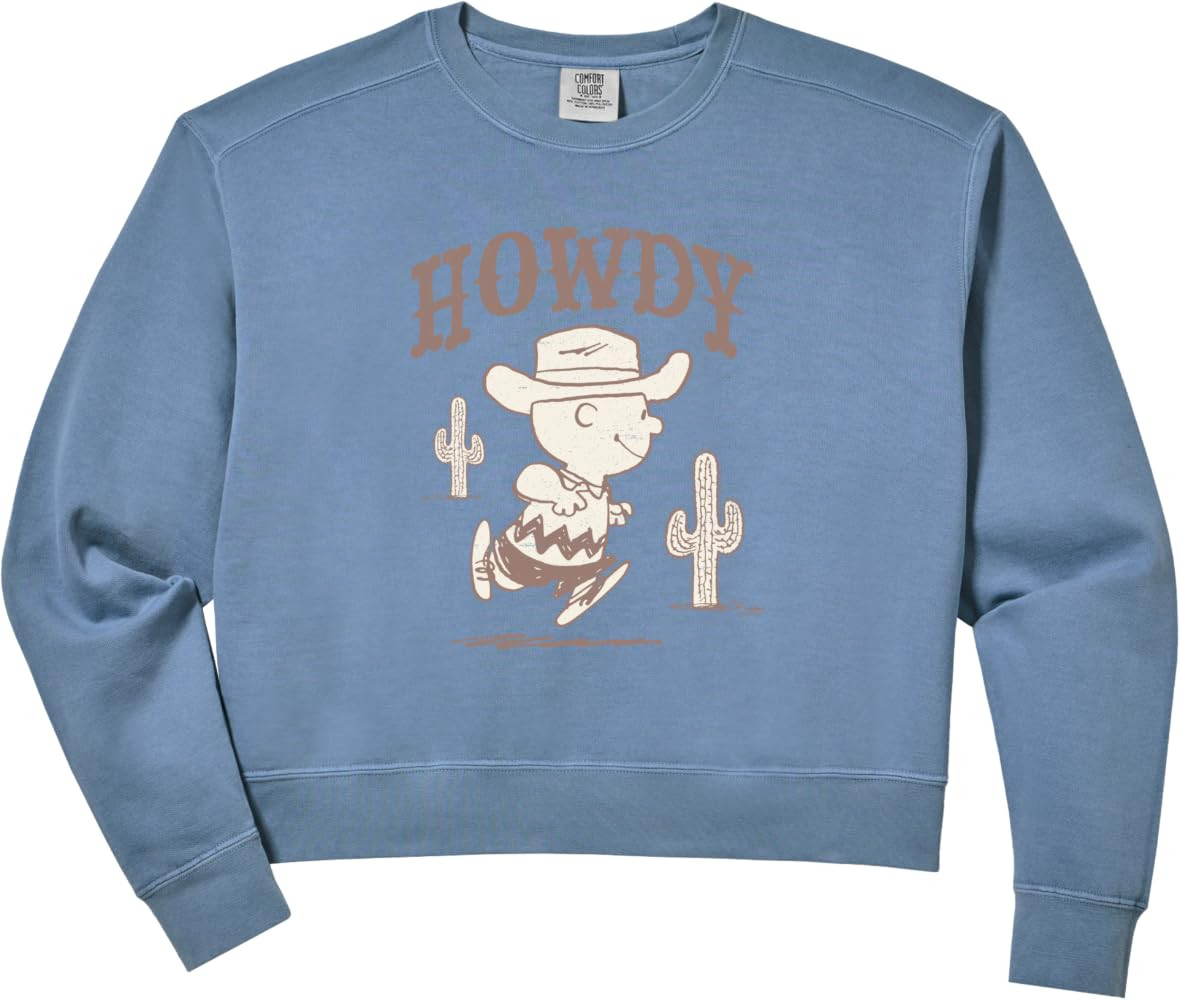 Womens Howdy Charlie Brown Cowboy Style Comfort Colors Crop Sweatshirt | Amazon (US)