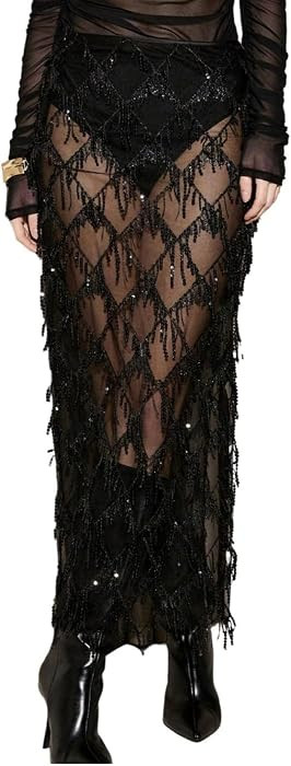 Women's Sequin Maxi Skirts Sheer Fringe Glitter Tassel Sparkly Party Club Elegant Cover up Pencil... | Amazon (US)