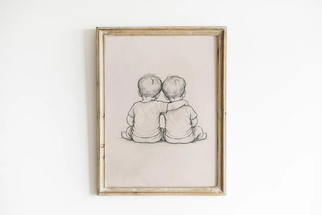 Twin Brothers Vintage Sketch | Antique Pencil & Watercolor Art | Shared Nursery Wall Decor | Play... | Etsy (US)
