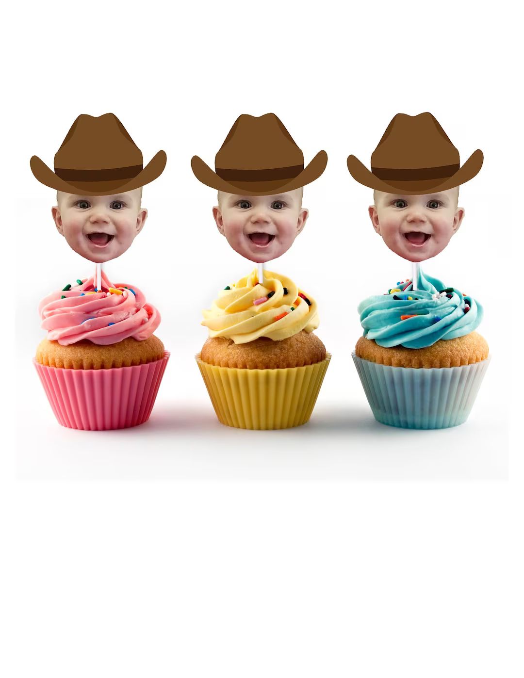 Cowboy Cupcake Toppers with Custom Face Photo (12 count) - Cowboy Hat, Birthday Decorations, Reti... | Etsy (US)