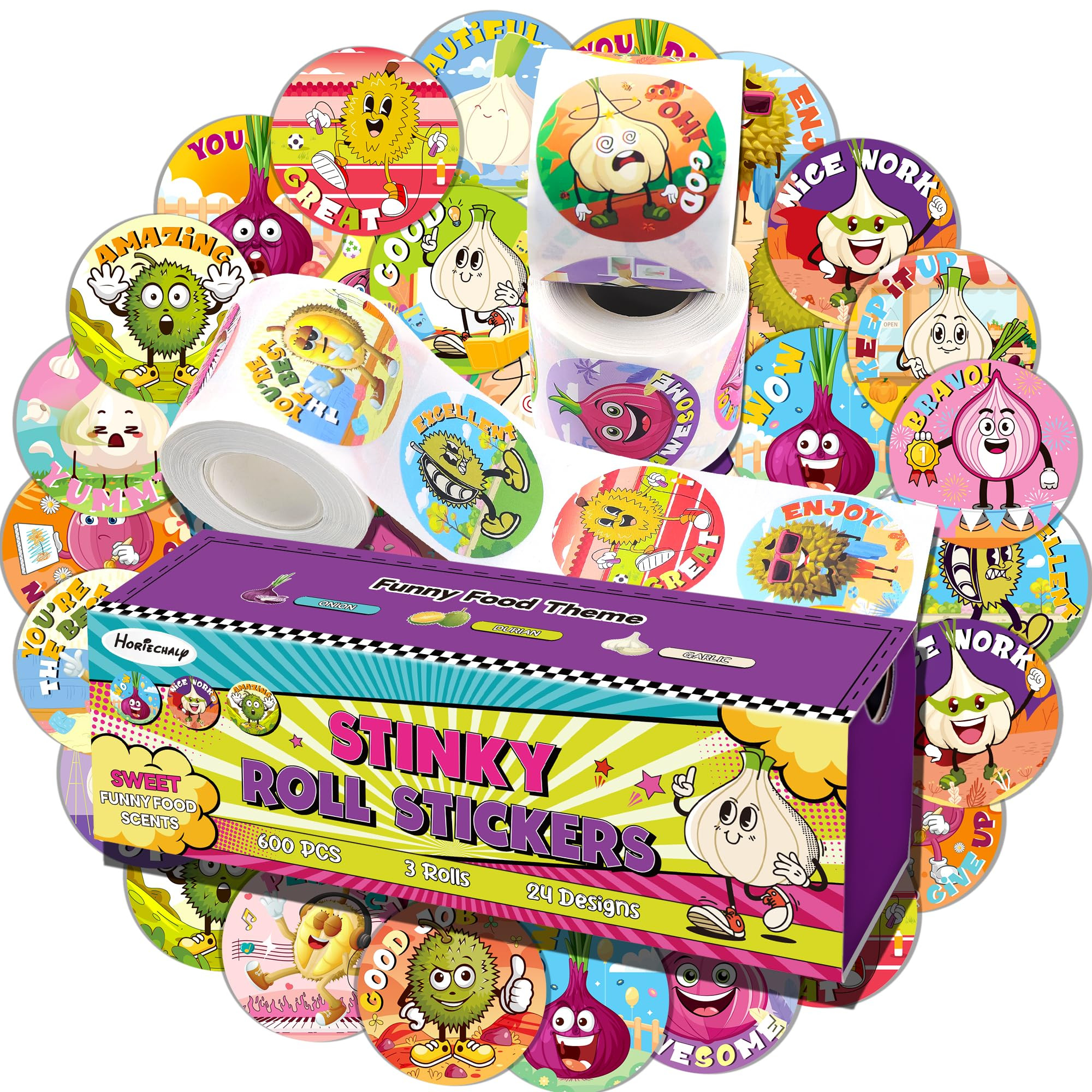 3 Rolls Smelly Stickers for Kids 600 PCS, 24 Designs Onion/Durian/Garlic with Funny Scents, Scrat... | Amazon (US)
