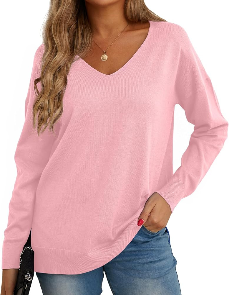 GRECERELLE Women's V-Neck Long Sleeve Side Split Loose Casual Knit Pullover Sweater Blouse | Amazon (US)