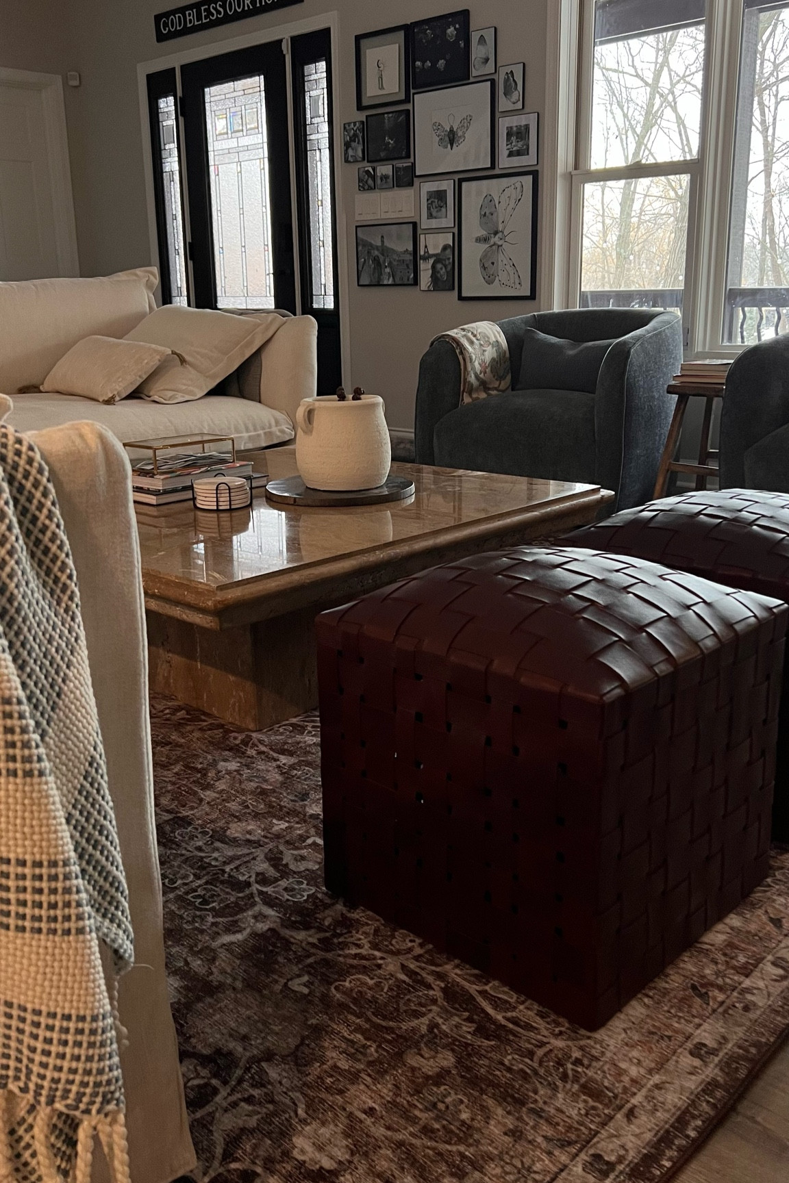 Couch details: Skylar Corner 4-Seat Sectional Sofa (Limestone, Deep, extra length, bench seats, down alternative) 
Chairs: Slate color 
Rug: earth/natural color
Coffee table is thrifted