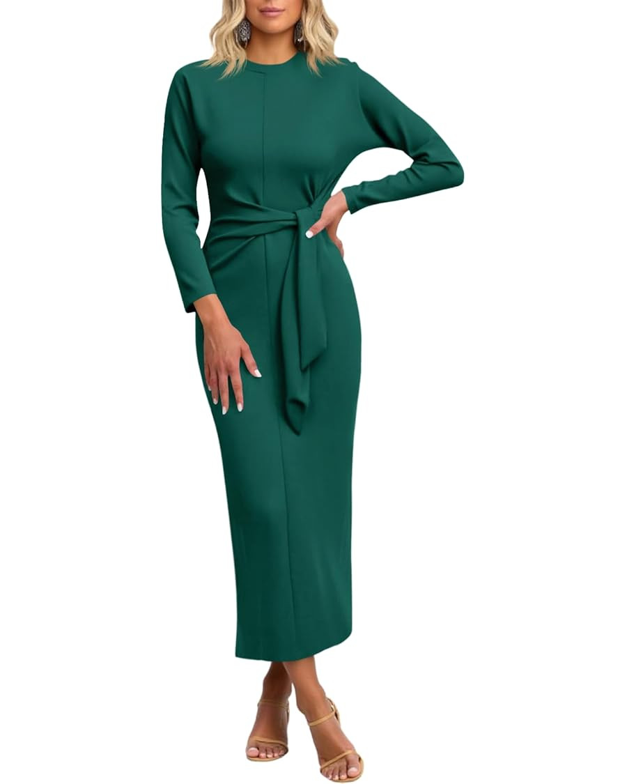 Cicy Bell Womens Long Sleeve Maxi Dress Bodycon Tie Waist Fall Elegant Crew Neck Cocktail Party D... | Amazon (US)