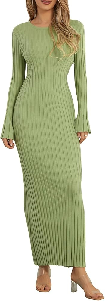 EWODOS Women Long Sleeve Knit Maxi Dress Crewneck Ribbed Ruched Bodycon Long Dress Slim Fit Y2K S... | Amazon (US)