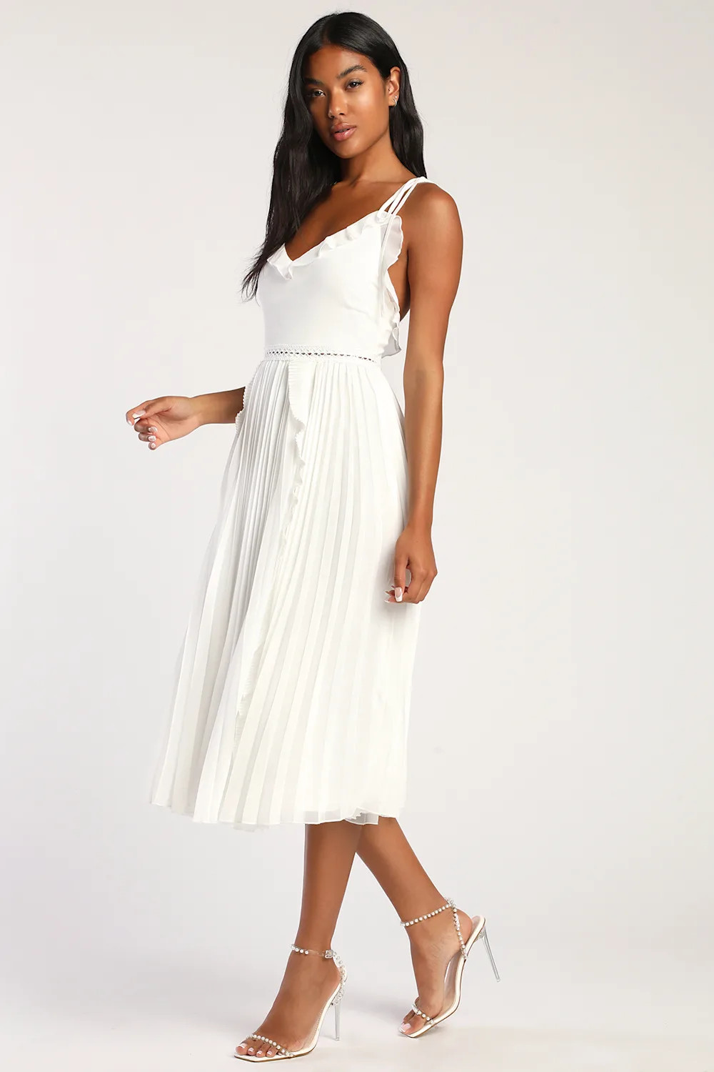 Never a Dull Moment White Tie-Strap Pleated Midi Dress | Lulus