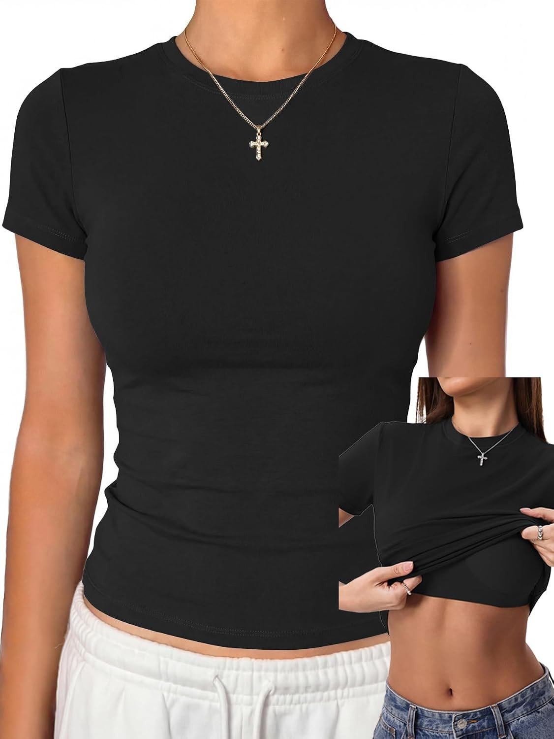 Danysu Womens Tops with Built in Bra Short Sleeve Fitted Crop T Shirt | Amazon (US)