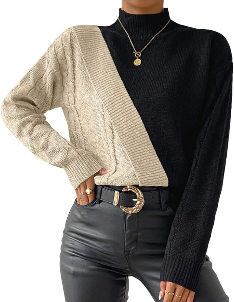 Women's Mock Neck Sweaters - Color Block,Casual Cable Knit Splicing Sweater Trendy Jumper Tops | ... | Amazon (US)