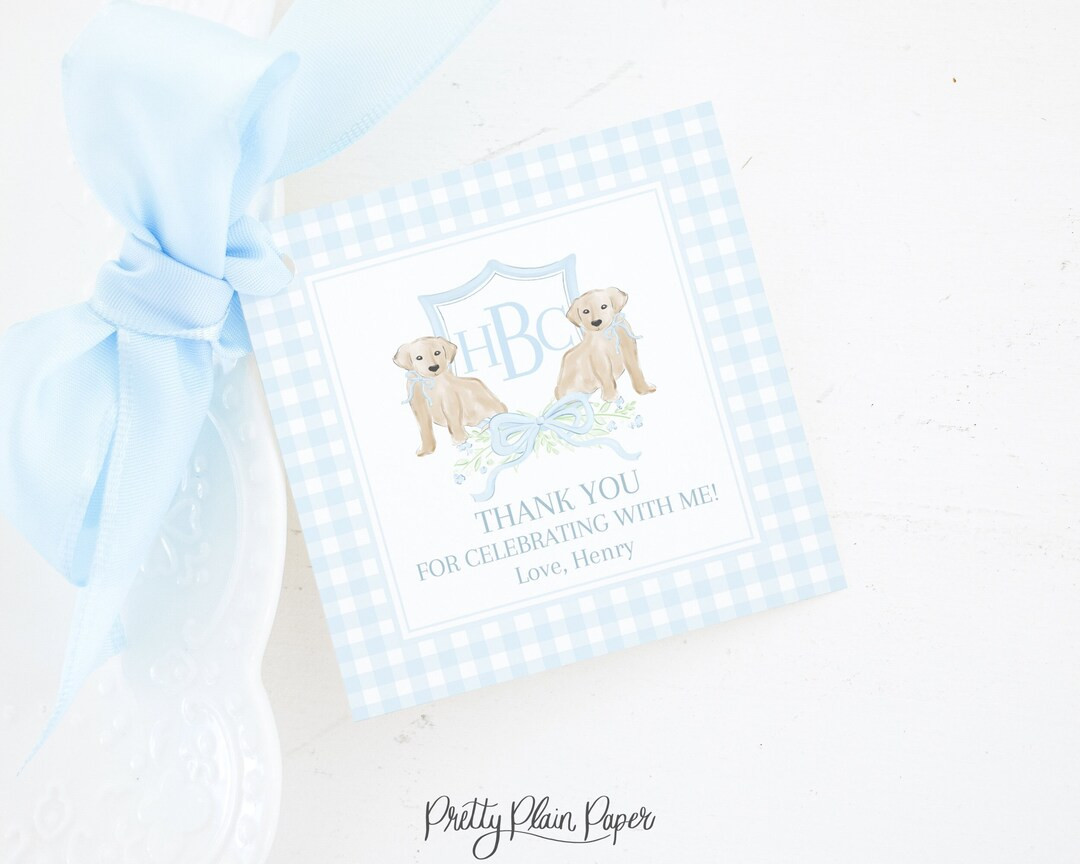Tag | 3.5x3.5 Printable | Watercolor Puppy Crest & Blue Gingham Favor Tag | Puppy Birthday | Pupp... | Etsy (US)