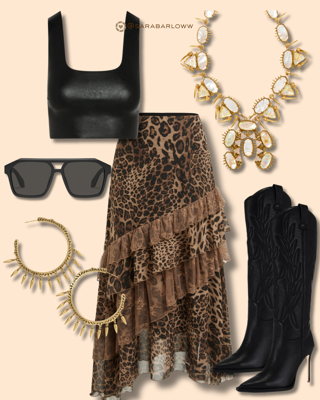 are you bringing some edgey style to stagecoach this year? i think animal print is going to be all over this summer - take your look to the next level with this unique maxi skirt paired with a simple crop top, bold kendra scott jewelry and quay sunglasses!  

 #LTKootd #LTKPetite #LTKTall