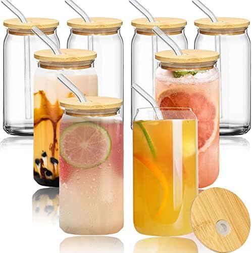 LMHEJING 8 Pieces 16oz Drinking Glasses with 8 Pcs Reusable Glass Straw, Glass Cups Reusable Beer... | Amazon (US)